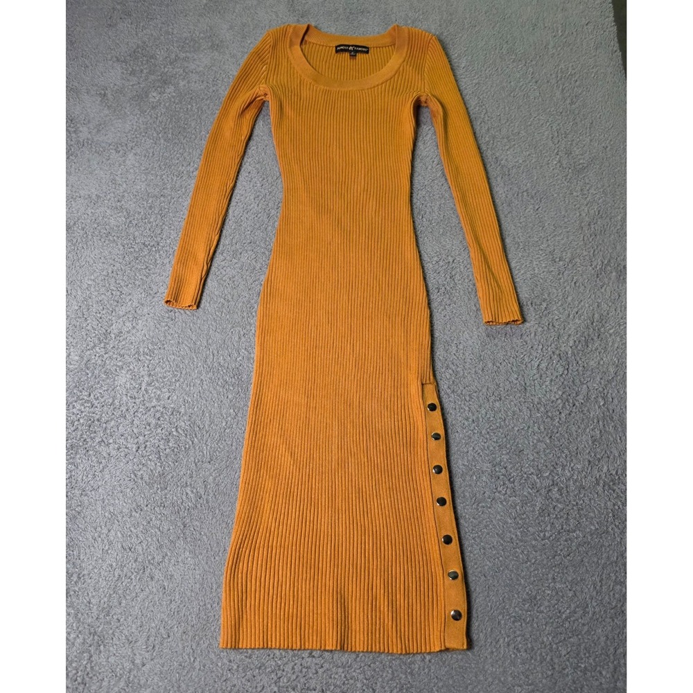 Almost Famous Womens Small Midi Dress Mustard Yellow Ribbed Knit Snap Side Slit